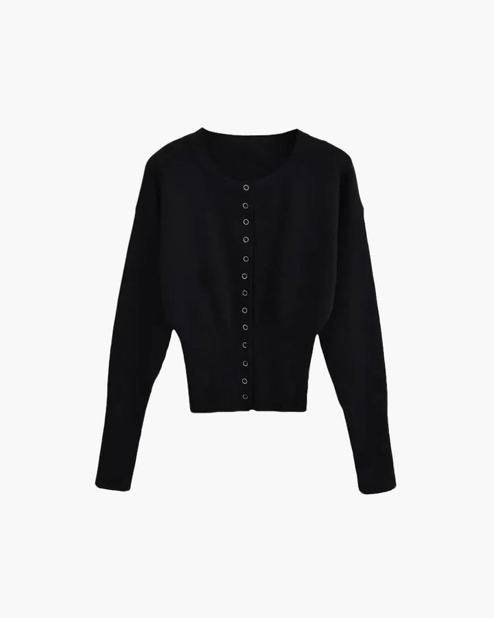 Women's chic button-up round neck cardigan, a versatile long-sleeve top for casual or dressed-up looks.