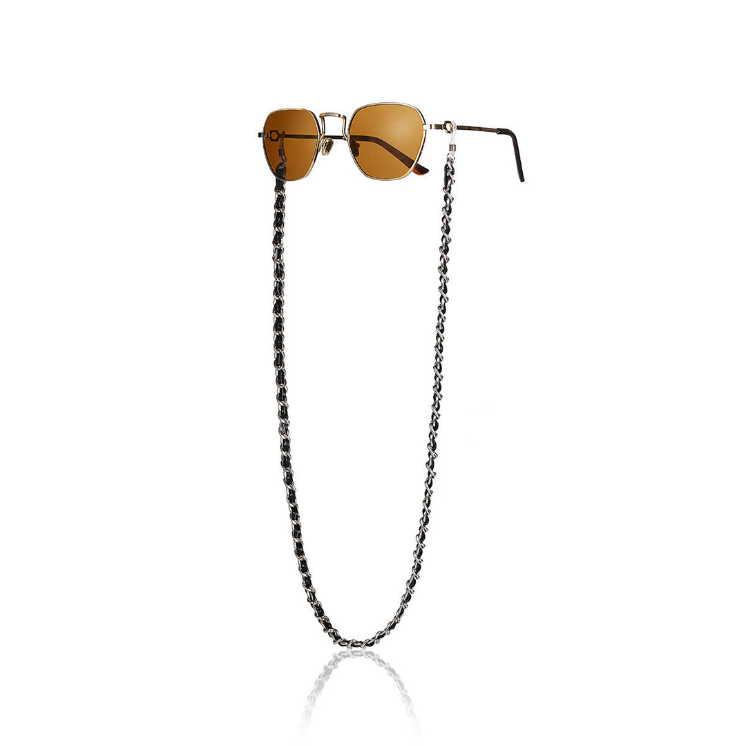 Chic women's cat-eye sunglasses with secure chain strap; UV protection, retro style, fashion eyewear.