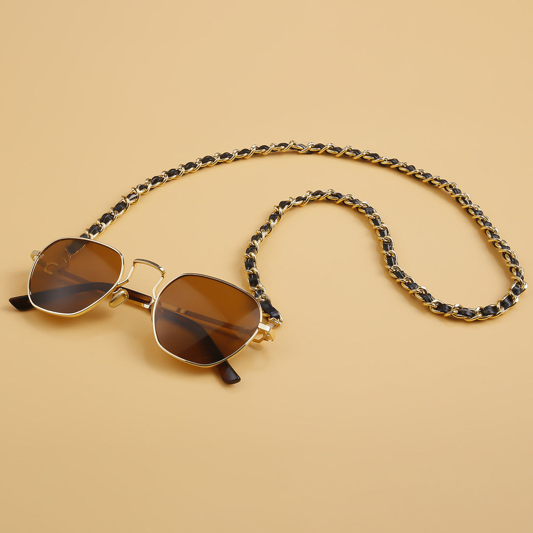 Lightweight cat-eye sunglasses with elegant chain strap; a chic accessory offering UV protection for women.