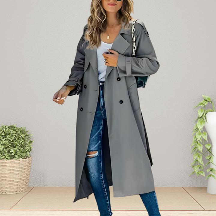 Chic women's classic double-breasted trench coat with turn-down collar, perfect mid-season jacket & elegant outerwear.