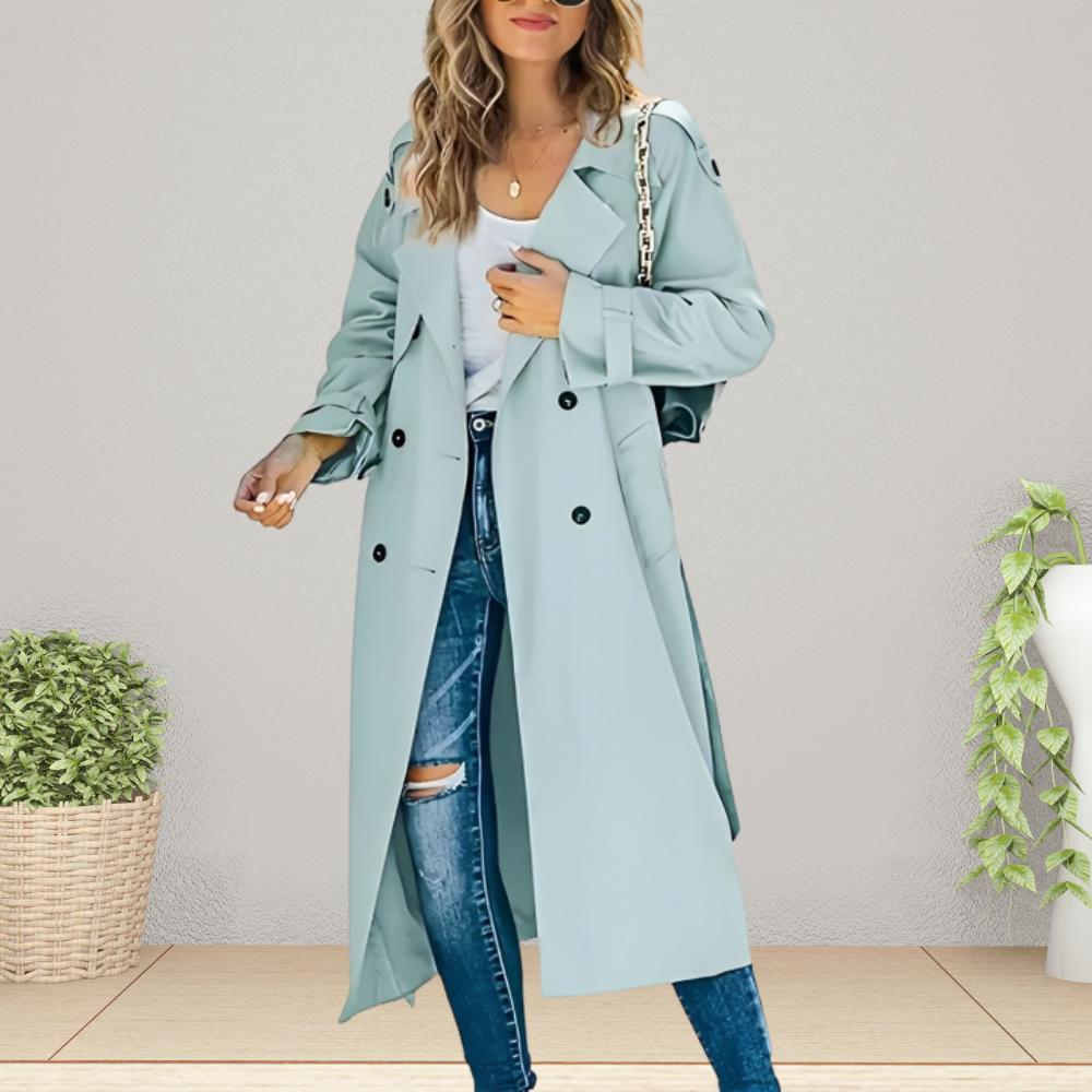 Chic women's mid-season trench coat, an elegant double-breasted outerwear piece with a stylish turn-down collar.