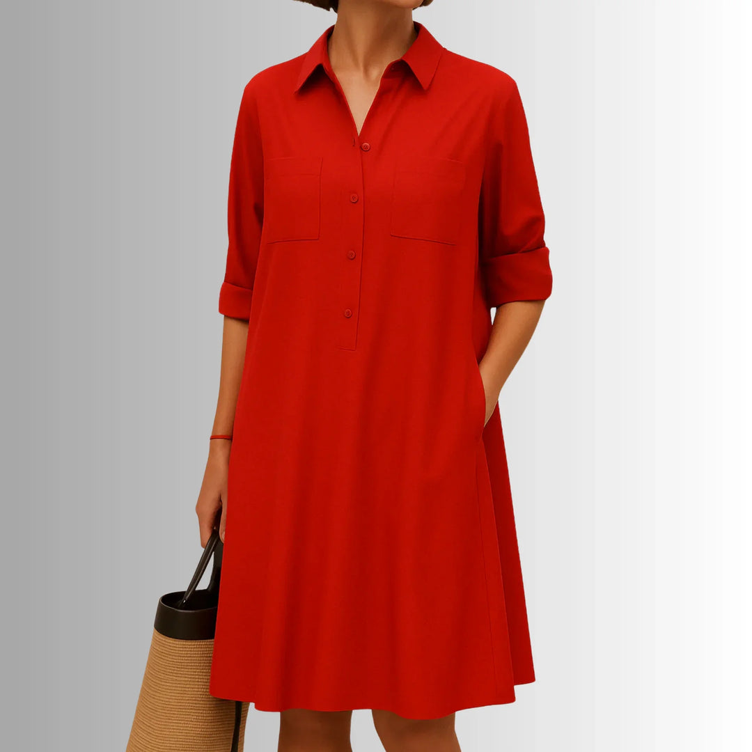 Elegant yet casual women's mini shirt dress. Collared, 3/4 sleeve design, perfect for versatile summer fashion.