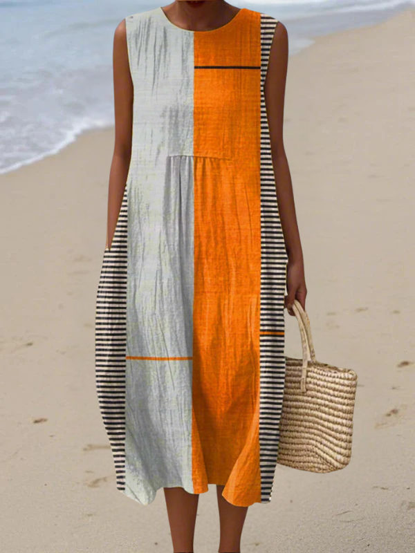 Chic Women's Colorblock Sleeveless Midi Dress for effortless everyday style, perfect for summer casual or elegant day-to-night wear.