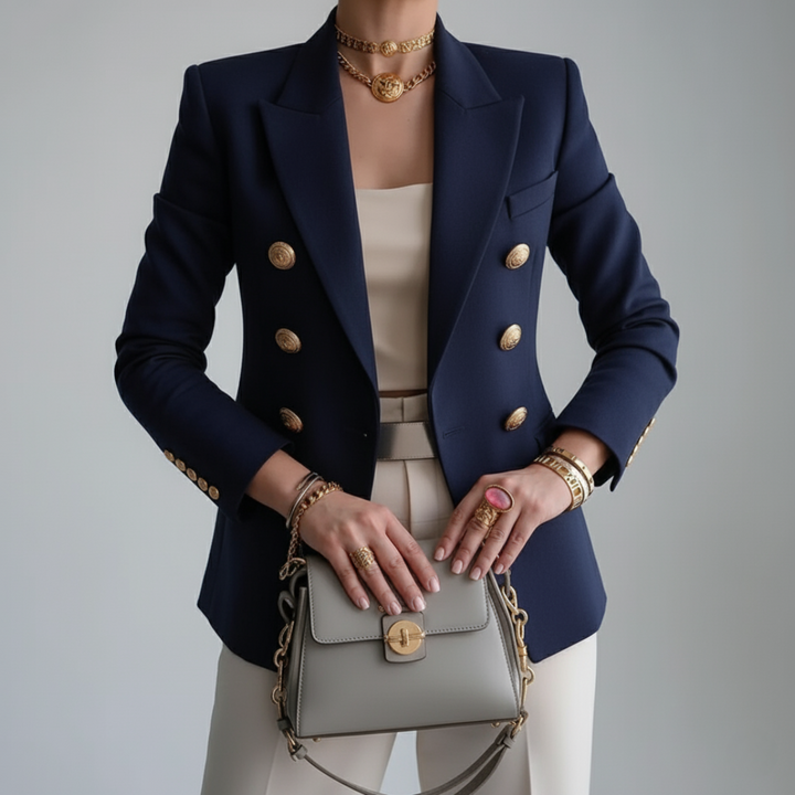 Polished women's fitted blazer featuring a notch lapel & stylish gold buttons. Versatile for formal wear & fashion.