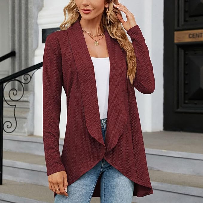Comfortable women's open-front cardigan with elegant drape, perfect for casual or chic layering.