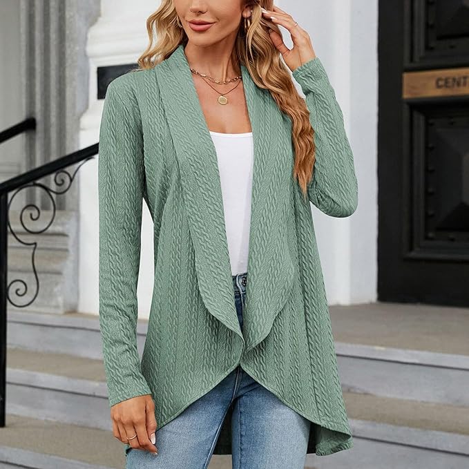 Stylish women's long sleeve open-front cardigan with flowing drape. Ideal for versatile casual layering.