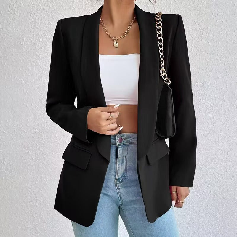 Tailored women's black office blazer, a polished and elegant jacket for professional fashion apparel.