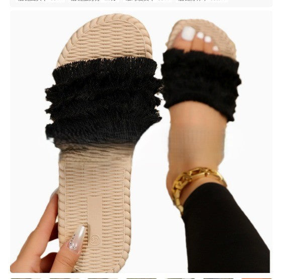 Chic women's fringe slide sandals. Comfortable summer footwear for beach, casual, and vacation style.