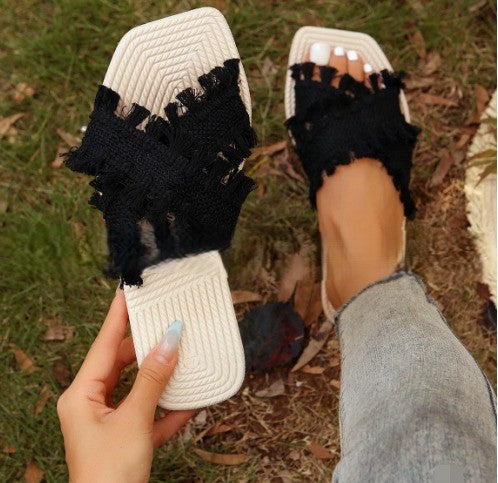 Trendy women's fringe slide sandals with comfortable design. Perfect for summer style, beach, or casual wear.