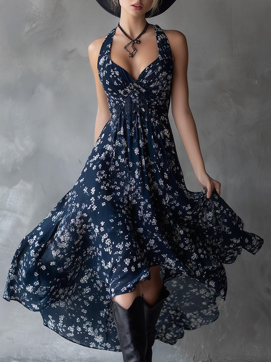 Chic Women's Halter Floral Dress with elegant ruched and asymmetrical design, perfect for summer parties.