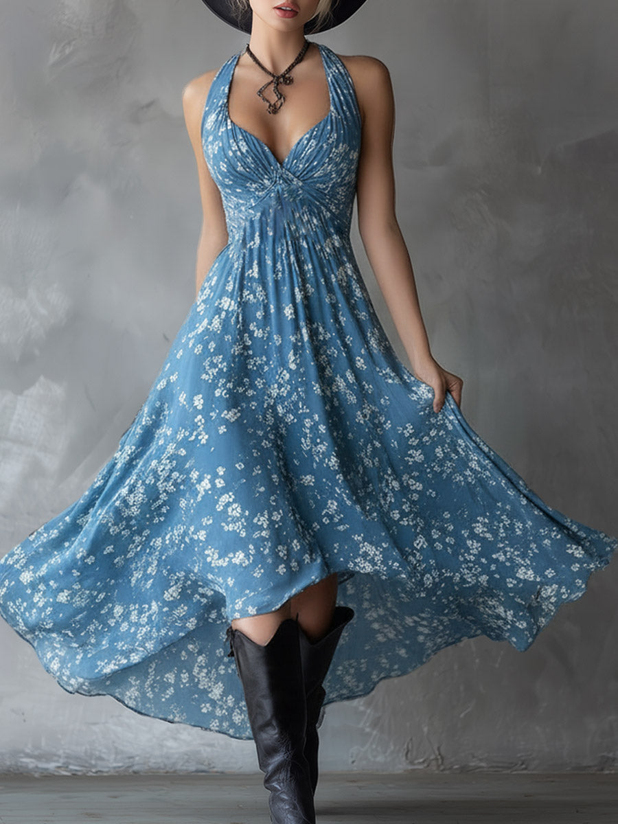 Flattering floral halter dress for women, featuring a stylish ruched asymmetrical hem, ideal for vacation.
