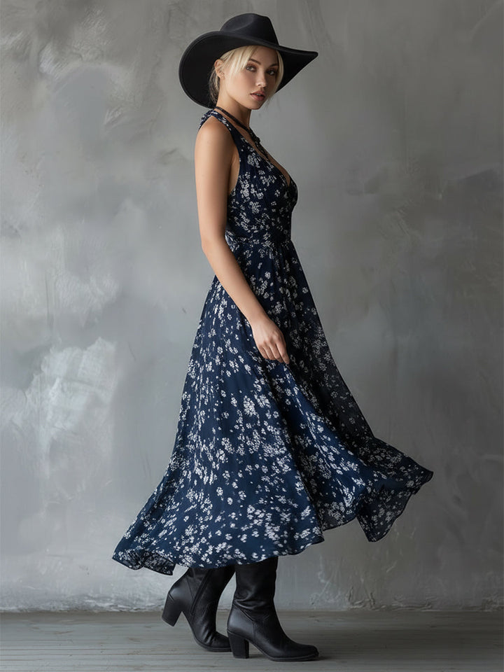 Elegant sleeveless floral halter dress with trendy ruched detailing and asymmetrical cut, great for evenings.