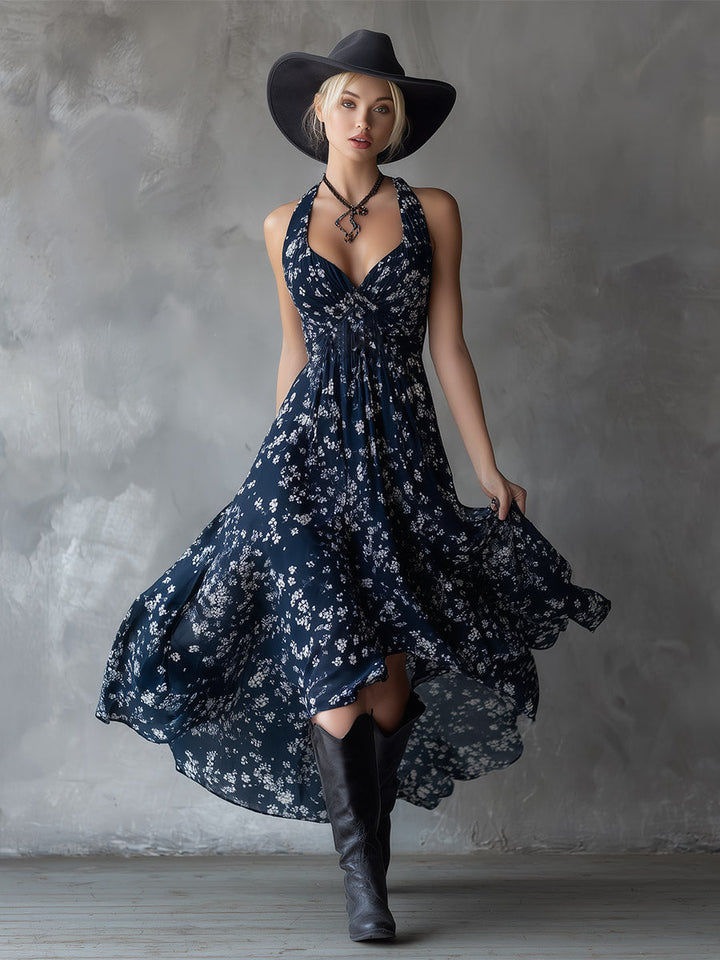 Women's summer floral halter neck dress, casual chic with ruched details and an asymmetrical hem.