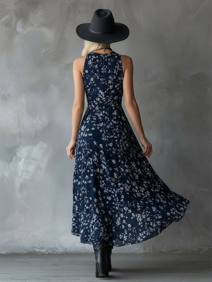 Vibrant floral women's dress, halter style, ruched bodice, and asymmetrical skirt, excellent for day wear.