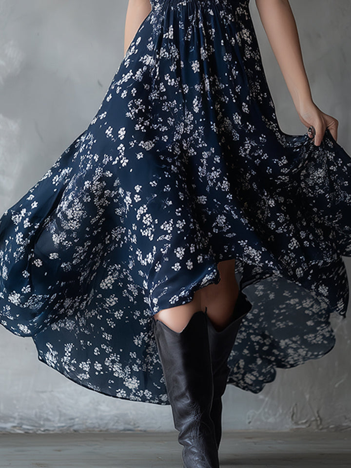 Floral halter dress for women, sleeveless and ruched, with a unique asymmetrical design for party wear.