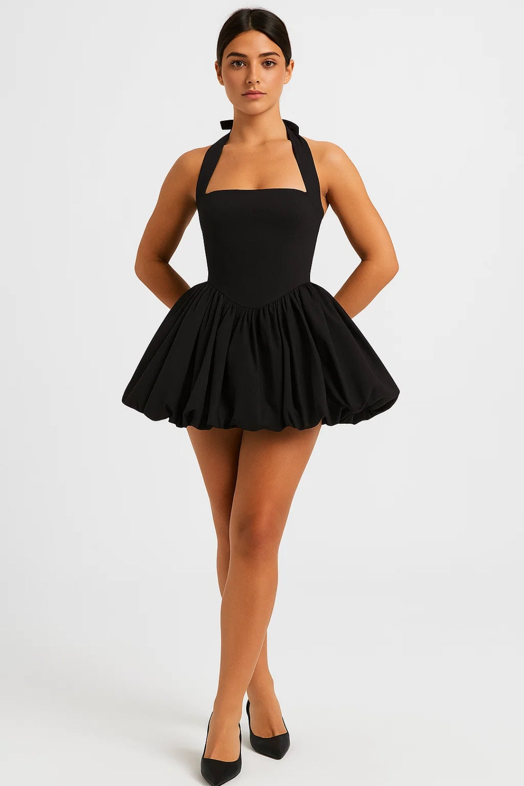 Sophisticated women's chic halterneck mini dress, perfect for elegant cocktail parties and special events.