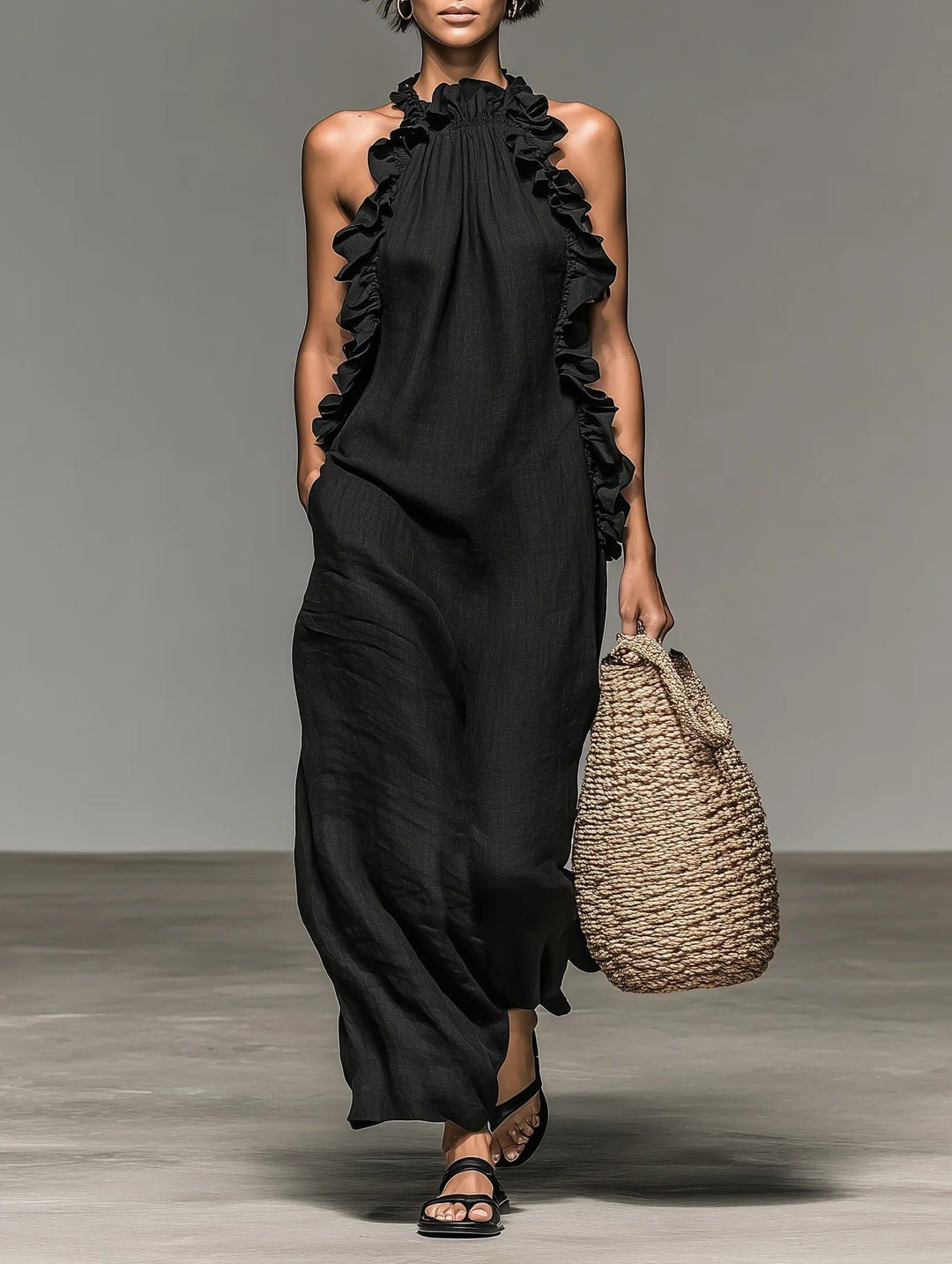 Chic Women's Halterneck Ruffle Maxi Dress, full front view. Flowy sleeveless design, perfect for summer casual wear.