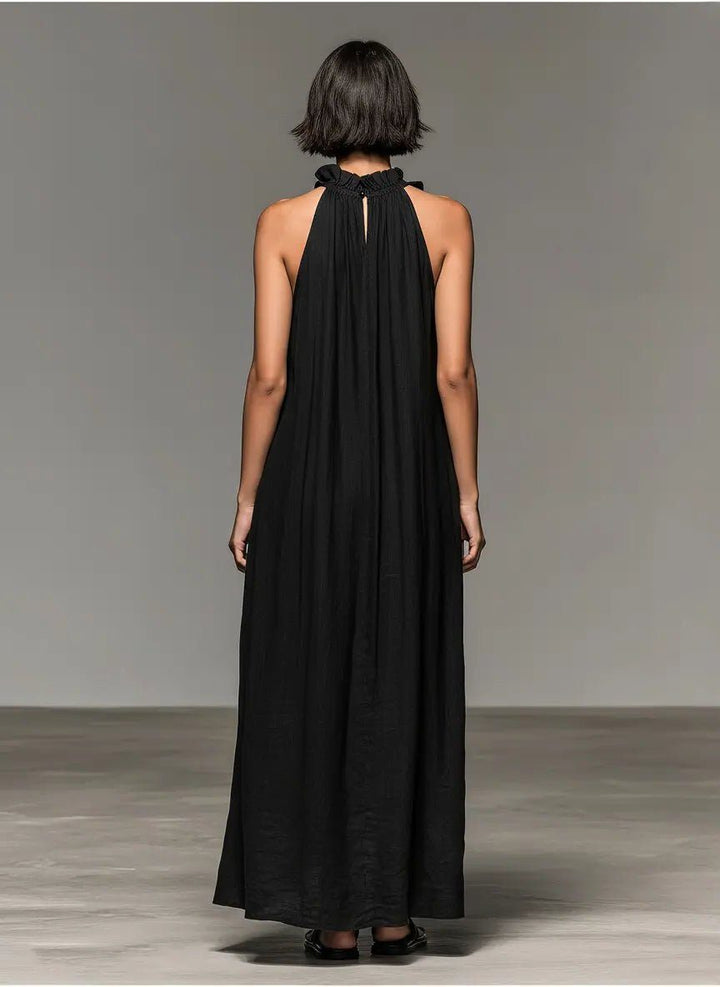 Elegant Women's Halterneck Maxi Dress, back view, highlighting the ruffled detailing and relaxed fit.