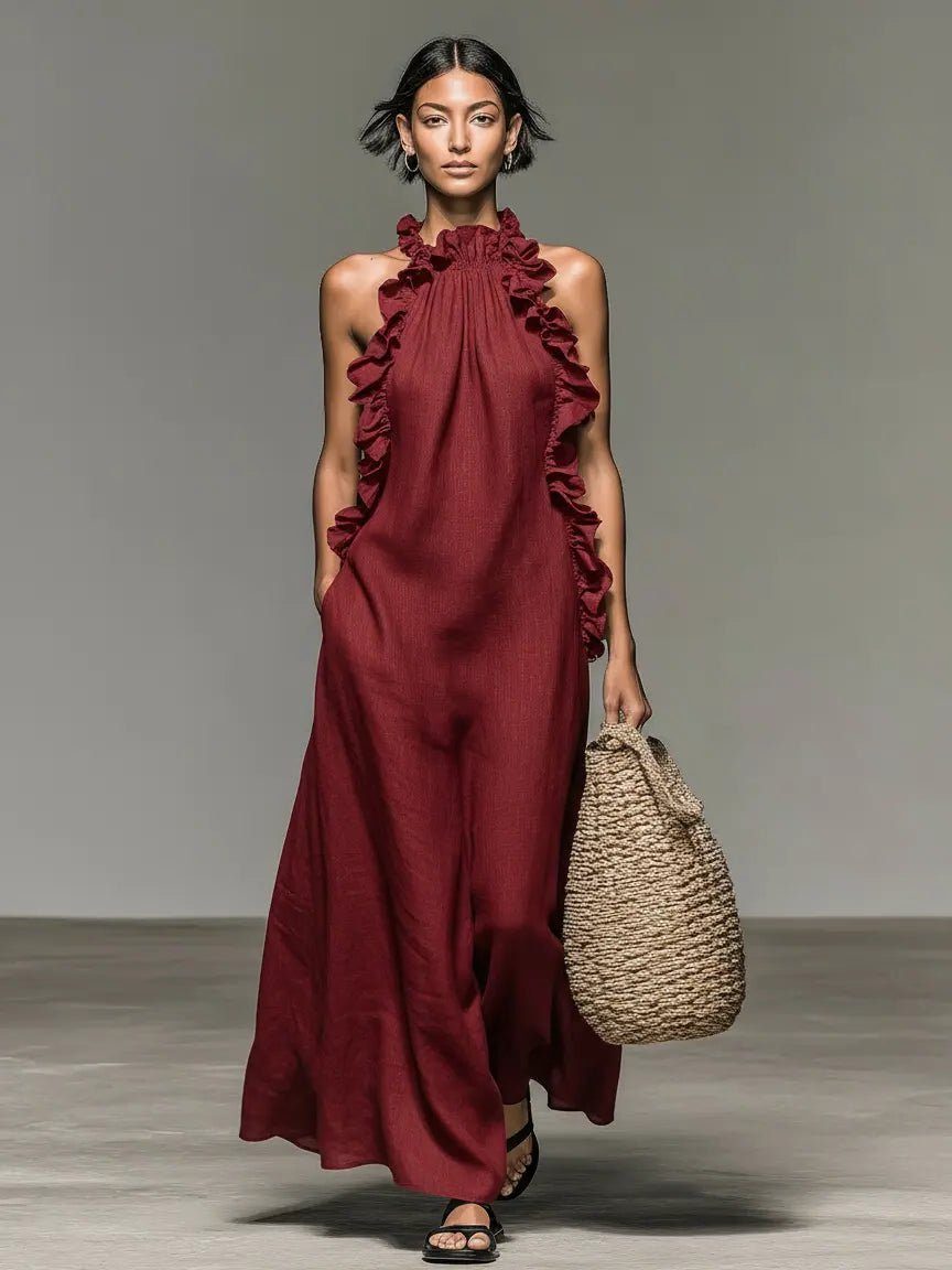 Side profile of a flowy Women's Halterneck Ruffle Maxi Dress. Ideal chic summer beach or casual wear.