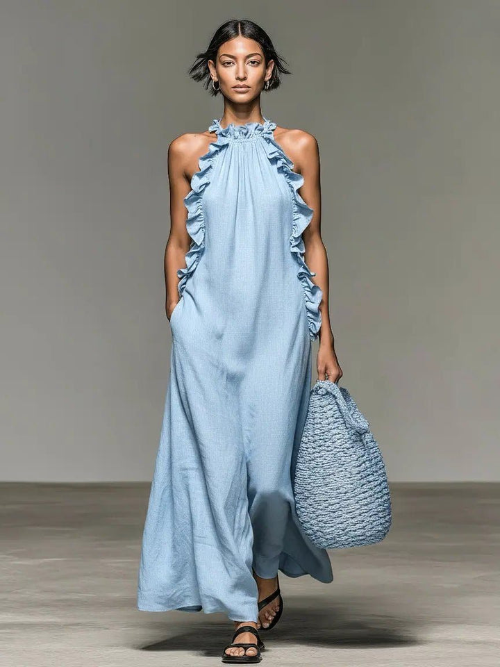 Close-up of the stylish ruffle details on the Women's Halterneck Maxi Dress. A chic, flowy summer fashion piece.