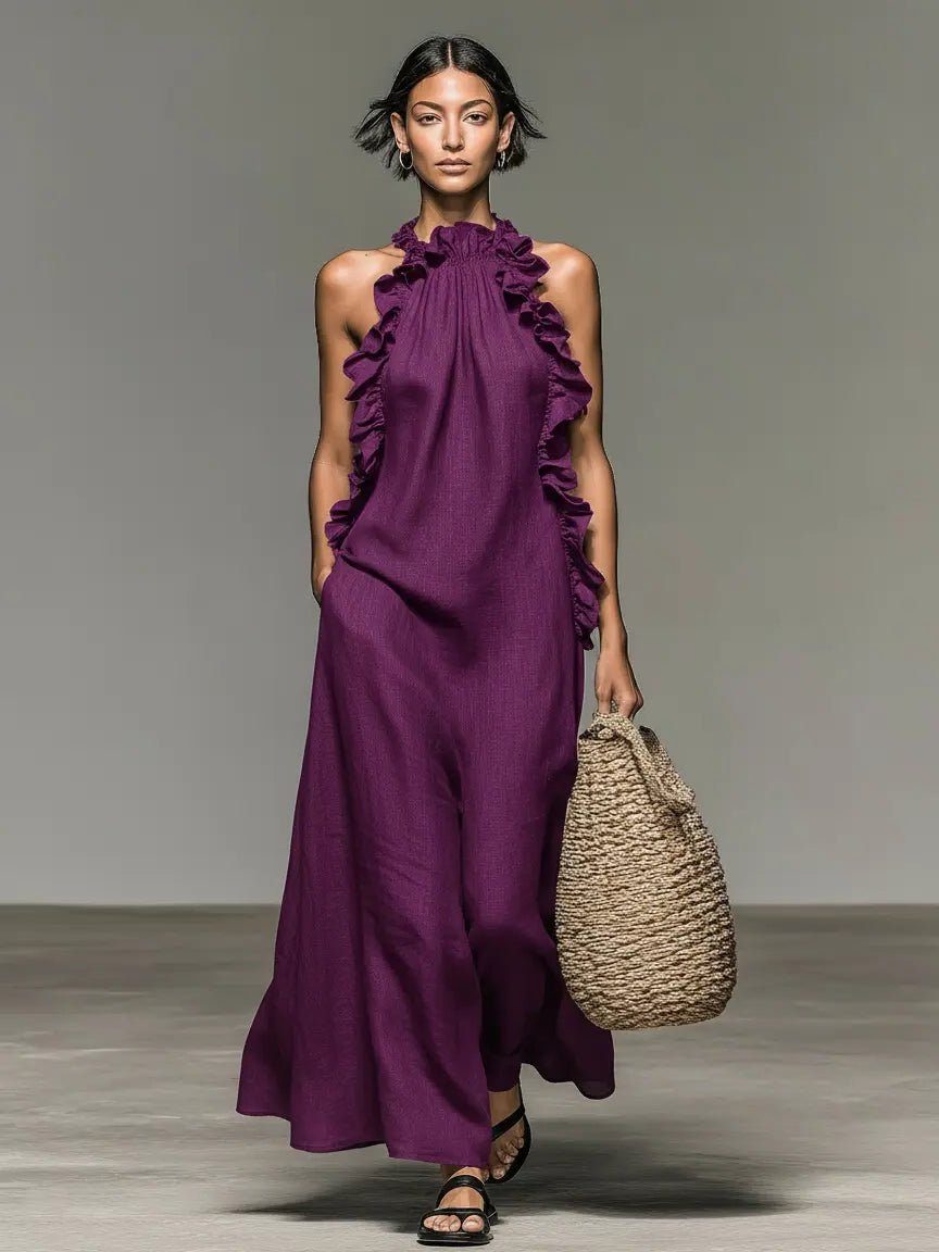 Women's Halterneck Ruffle Maxi Dress styled casually, showcasing its comfortable relaxed fit. Perfect for summer.
