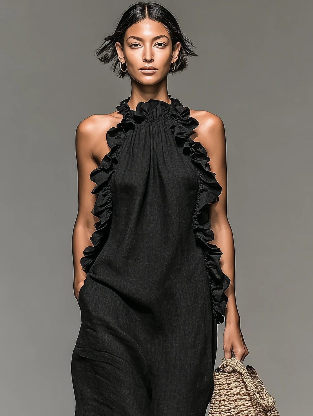 Women's Halterneck Ruffle Maxi Beach Dress on a sunny day. Flowy, chic, and comfortable for any summer getaway.