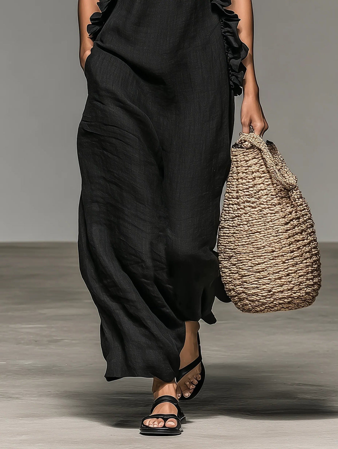 Textural close-up of the lightweight fabric of the Women's Halterneck Ruffle Maxi Dress. Flowy and comfortable.