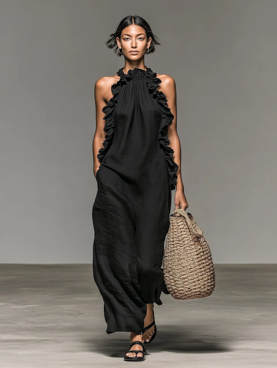Model in Women's Halterneck Ruffle Maxi Dress flowing gracefully. A chic, sleeveless summer dress for any occasion.