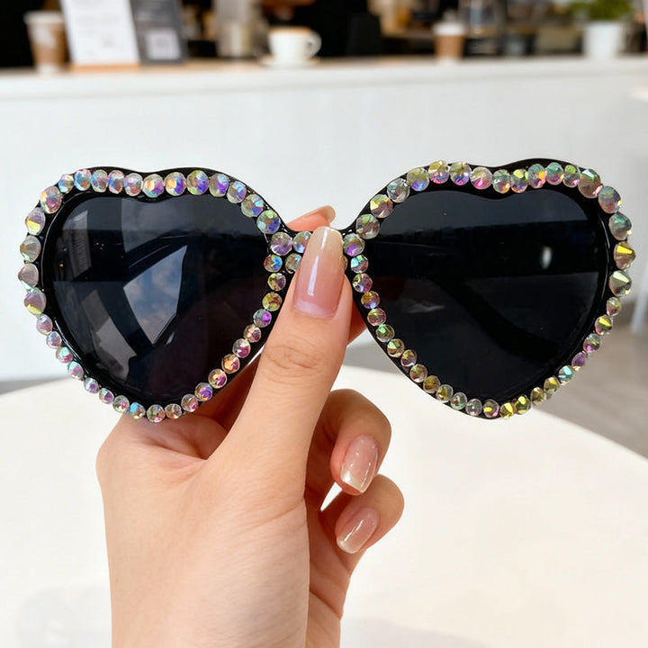 Glamorous heart rhinestone sunglasses for women, ideal chic eyewear for festivals and parties.