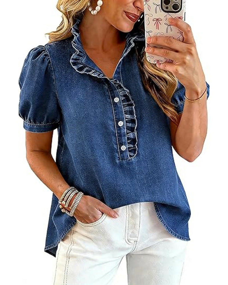 Chic women's lapel collar short sleeve ruffle blouse. Perfect for spring & summer casual or smart casual wear.
