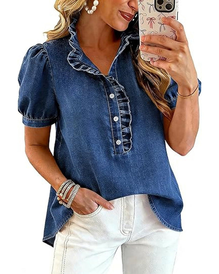 Chic women's lapel collar short sleeve ruffle blouse. Perfect for spring & summer casual or smart casual wear.