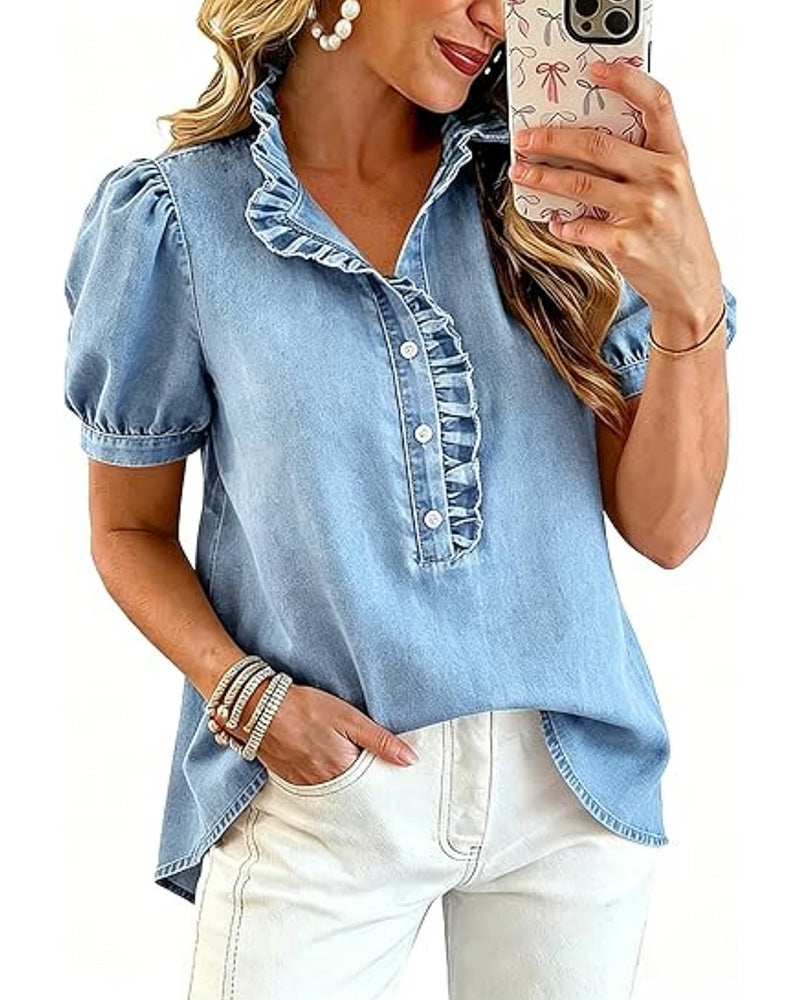 Feminine ruffle blouse with lapel collar and puff short sleeves. Versatile button-up top for women's summer fashion.