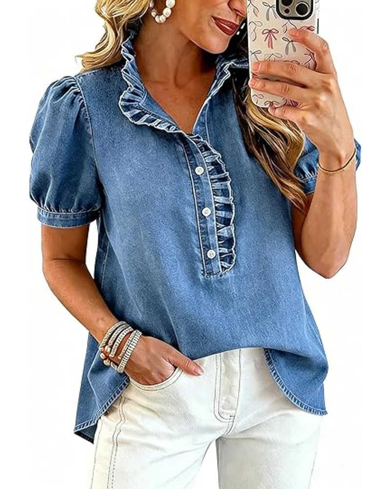 Stylish women's short sleeve ruffle blouse with a sophisticated lapel collar, ideal for casual spring outfits.