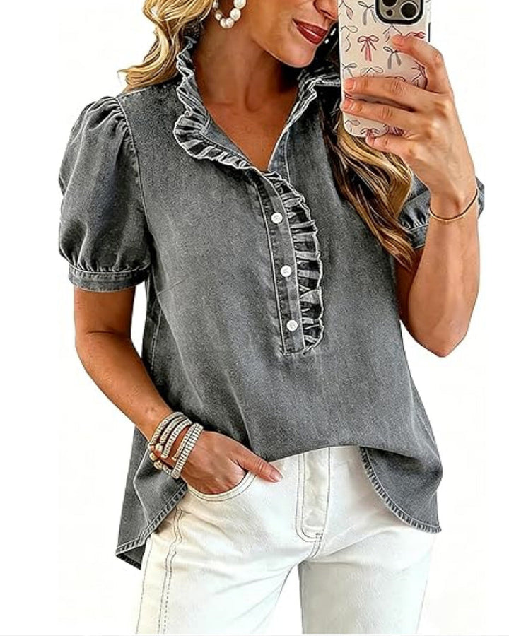 Women's lapel collar button-up short sleeve ruffle blouse. A chic and comfortable top for everyday wear.