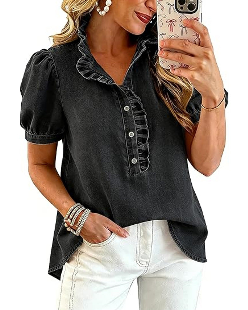 Elegant women's ruffle blouse featuring a lapel collar & puff sleeves. A versatile, chic top for smart casual looks.