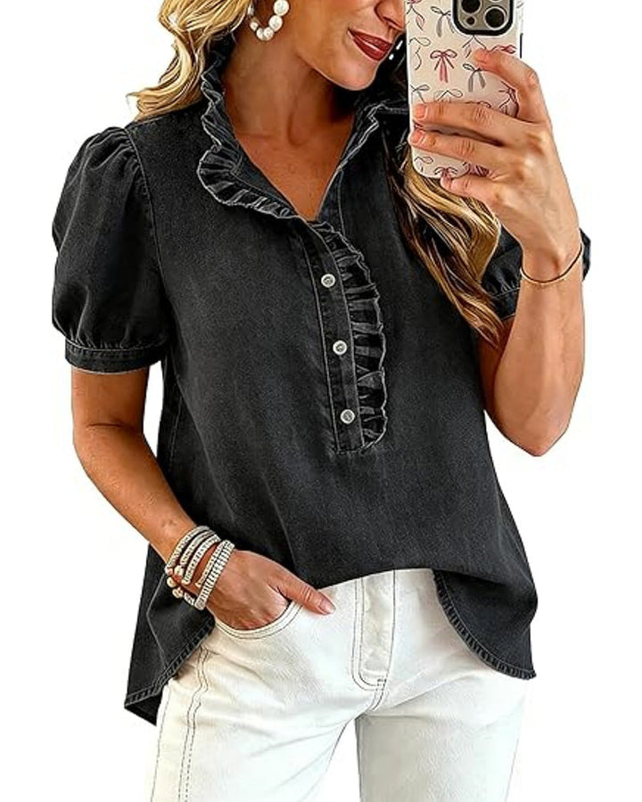 Elegant women's ruffle blouse featuring a lapel collar & puff sleeves. A versatile, chic top for smart casual looks.