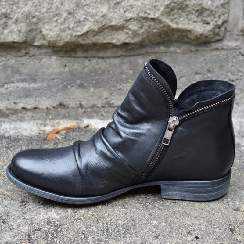 Chic women's leather ankle boots with side-zip for effortless style & comfort. Versatile low-heel fashion.
