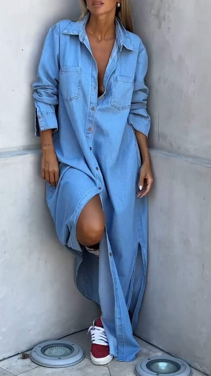 Chic women's long sleeve lapel dress, perfect for casual outings or workwear. Comfortable & stylish.