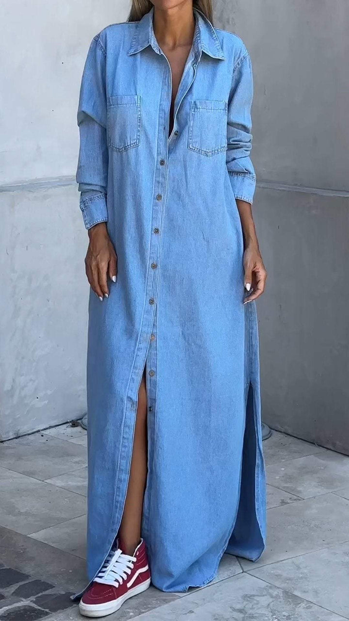Elegant women's long sleeve lapel dress with a relaxed fit, ideal for autumn and winter fashion.