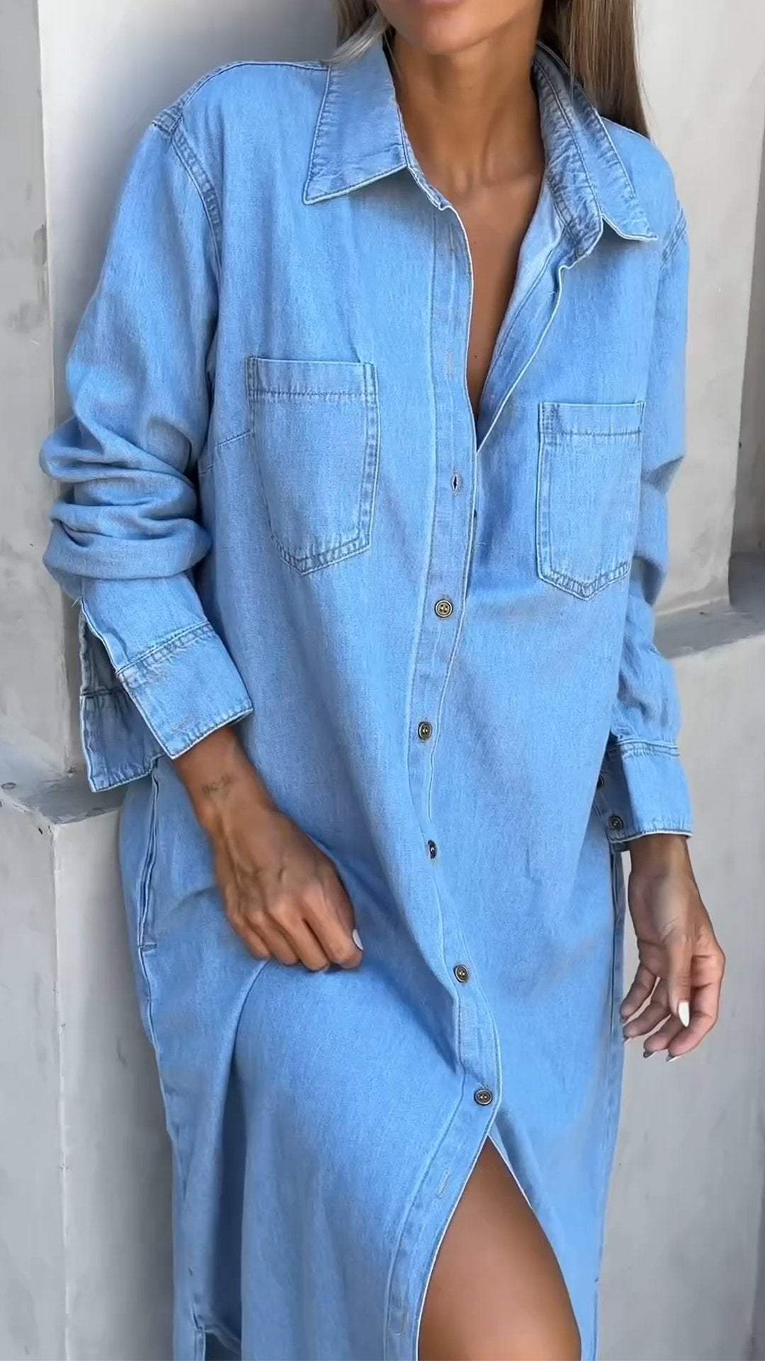 Fashionable women's long sleeve lapel dress, combining chic design with comfortable, relaxed wear.