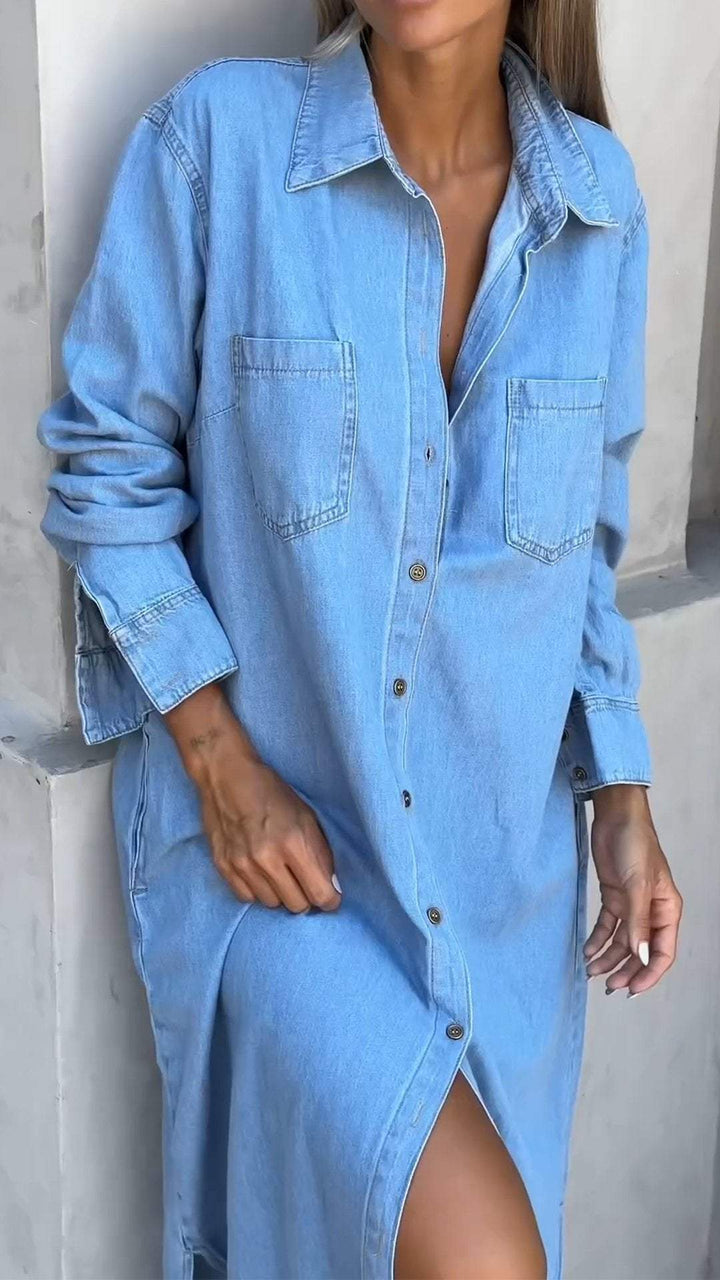 Fashionable women's long sleeve lapel dress, combining chic design with comfortable, relaxed wear.