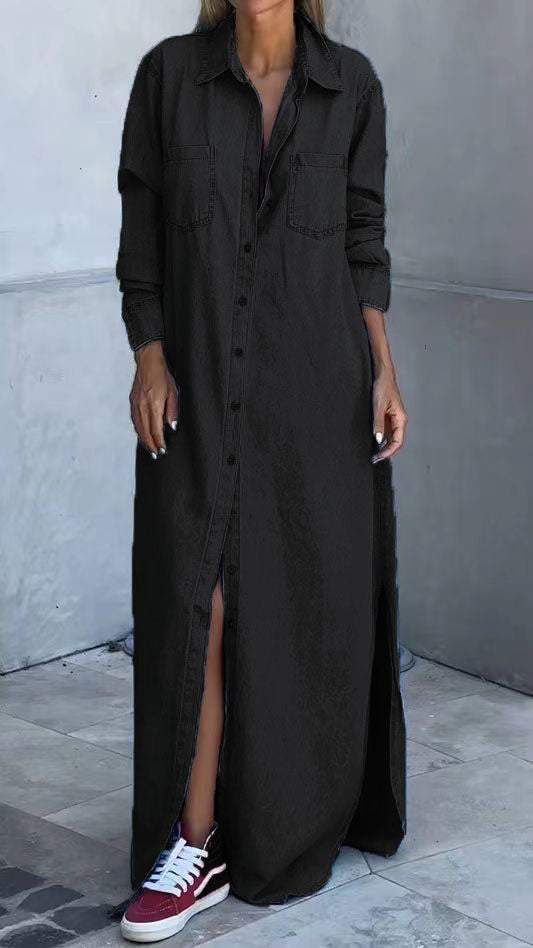 Comfortable women's long sleeve lapel dress, perfect for a sophisticated yet casual look.