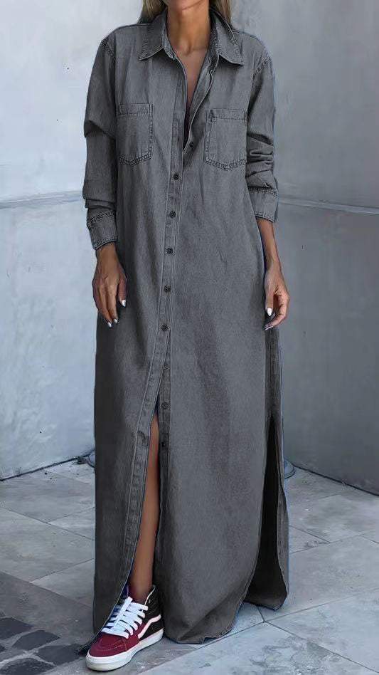 Effortlessly stylish women's long sleeve lapel dress for chic workwear or smart casual occasions.