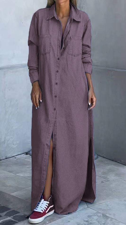 Relaxed fit women's long sleeve lapel dress, offering chic style and ultimate comfort for all seasons.