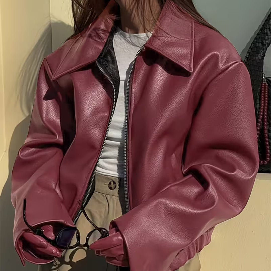 Day-to-night women's moto jacket with a chic lapel collar, offering versatile and stylish layering.