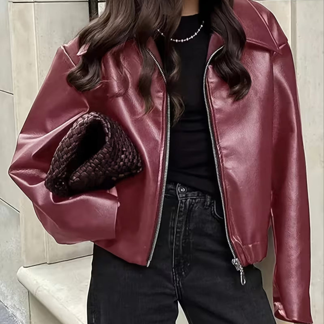 Women's designer-inspired moto jacket, featuring a chic lapel collar for a sophisticated, versatile style.