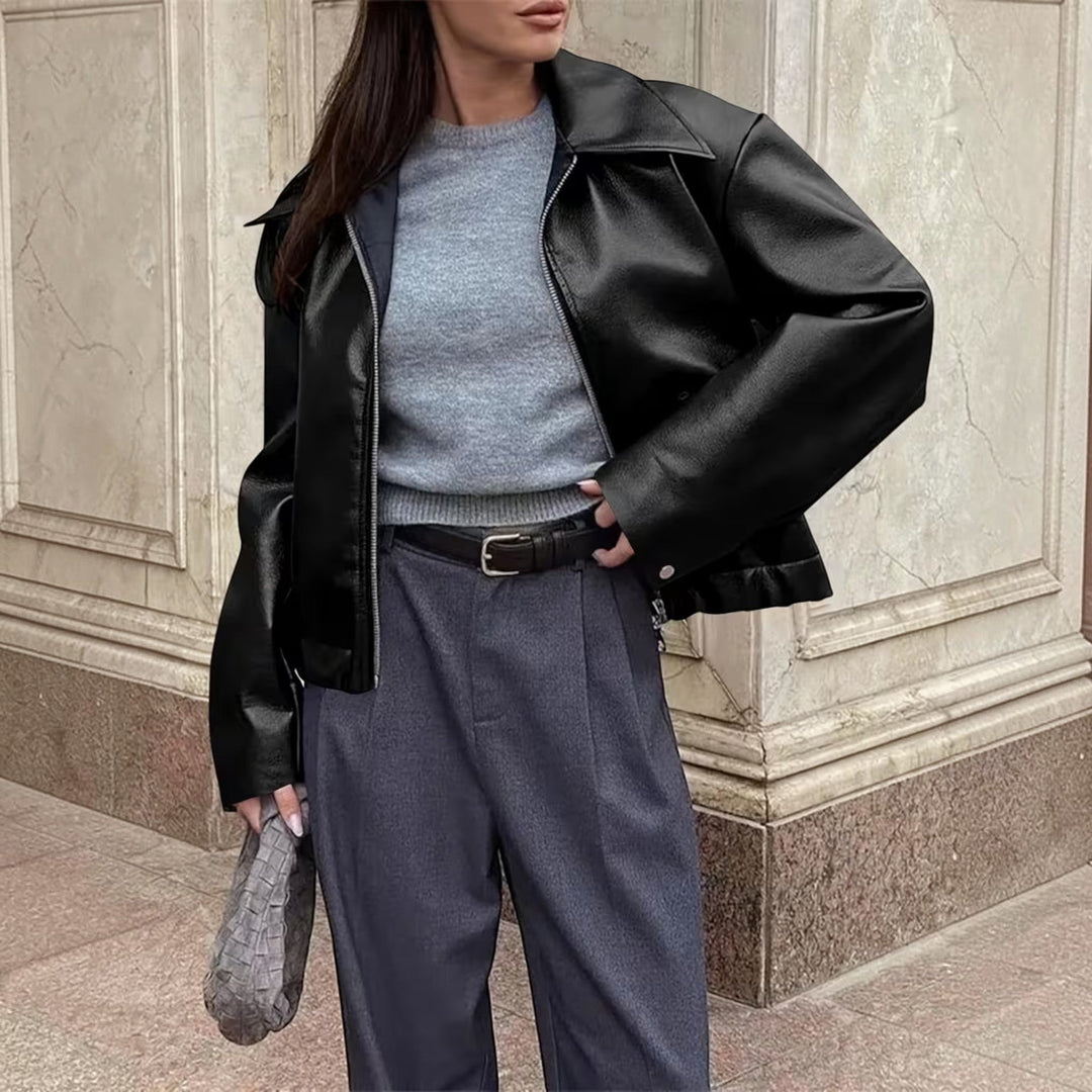 Stylish women's moto jacket with lapel collar, offering a modern, casual, and fashionable look.