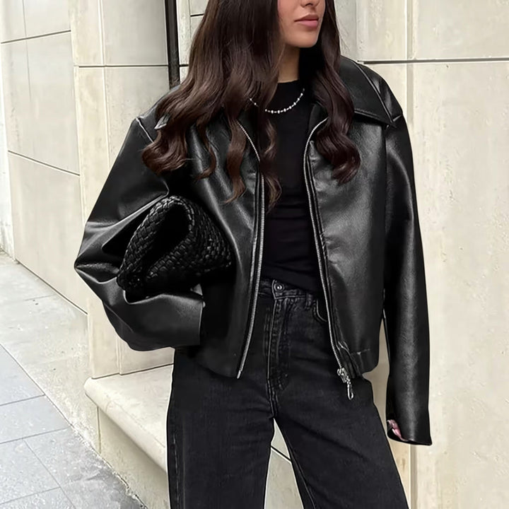 Women's slim-fit moto jacket featuring a chic lapel collar, perfect for casual and stylish outfits.