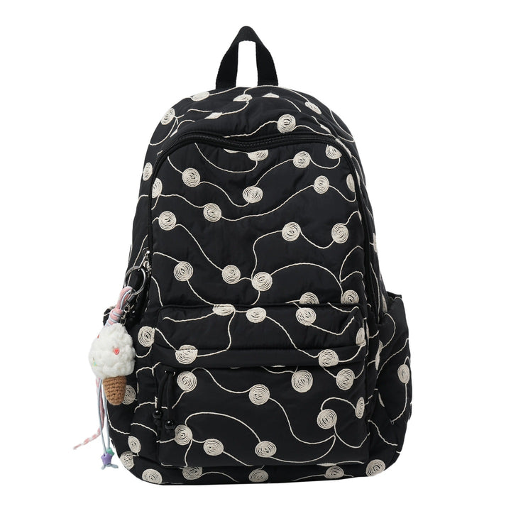 Elegant black quilted travel backpack for women, featuring exquisite embroidery and durable design.