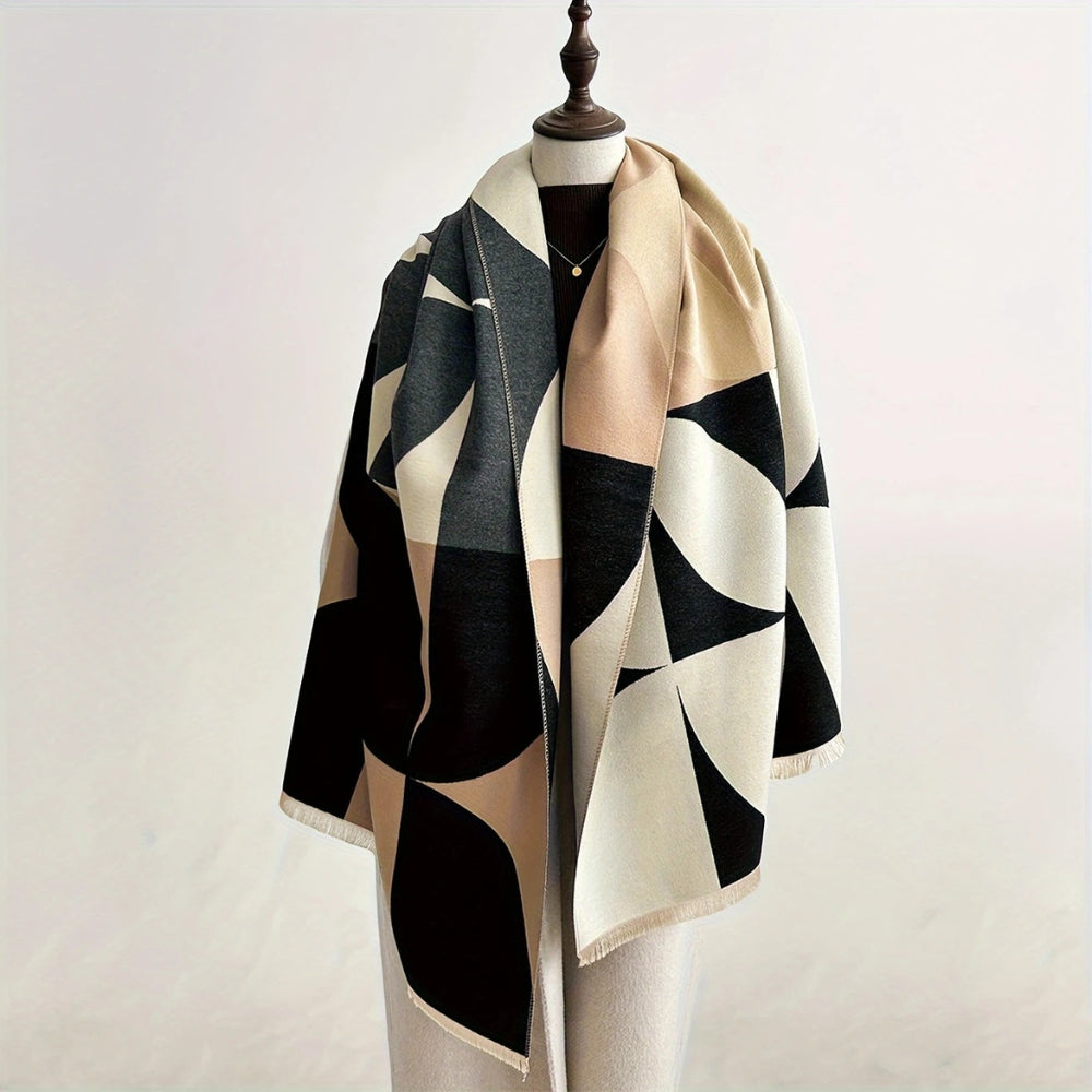 Chic women's reversible poncho scarf in a versatile layering style, perfect for travel & cozy fashion.